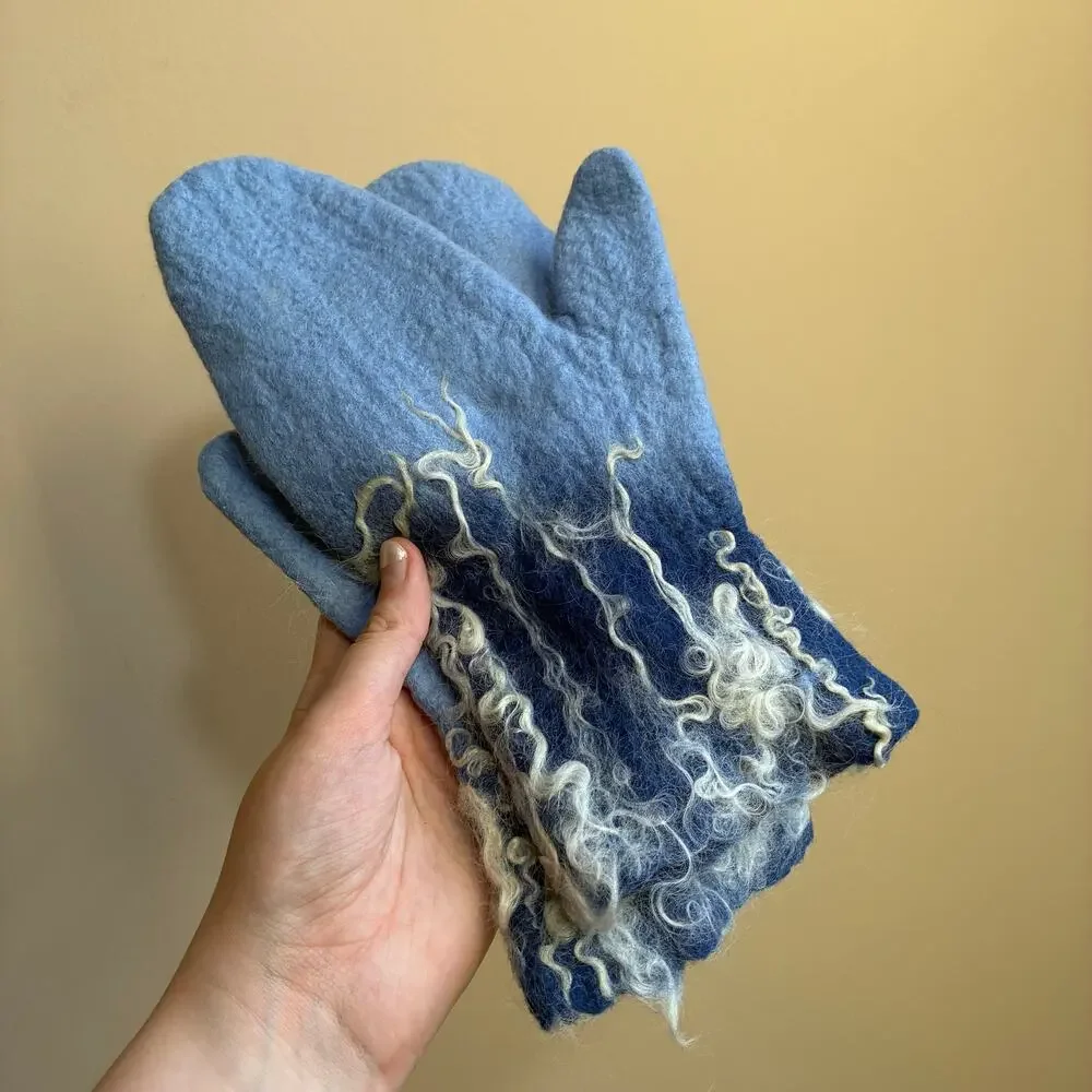 Handmade vintage felted gloves blue antique mittens one size vines berries